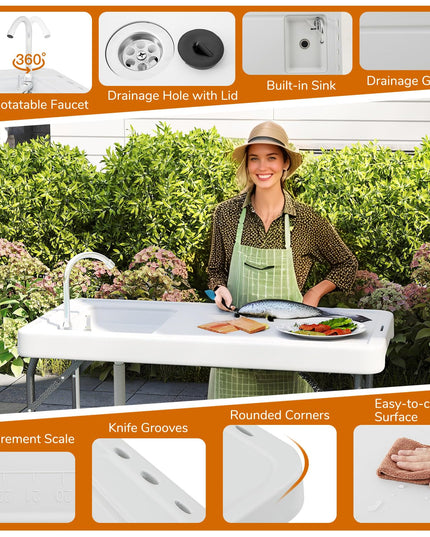 Giantex Portable Fish Cleaning Table Folding 42.5" Camping Table with Sink