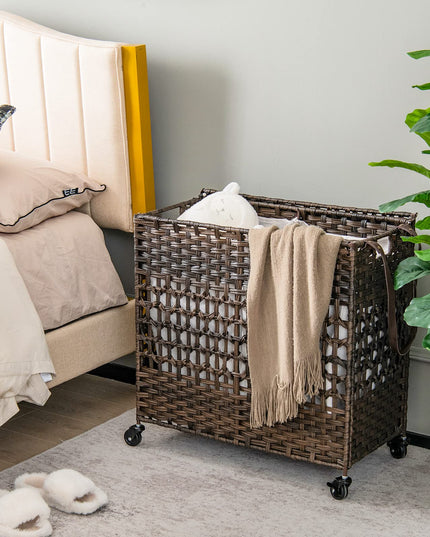 Panier à Linge Giantex avec Roues et Couvercle, Panier à Linge en Osier de 125L (33 Gal), 2 Sacs Intérieurs Amovibles