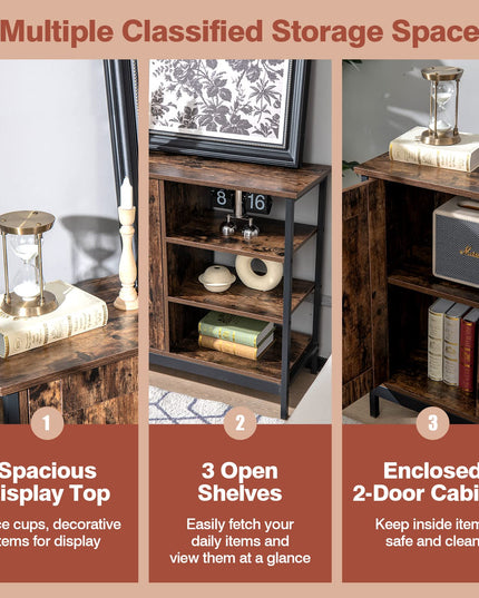 Giantex Industrial Kitchen Storage Cabinet w/Open Shelves, 2-Door Cupboard, Adjustable Shelf, Wooden Buffet Sideboard(Rustic Brown)