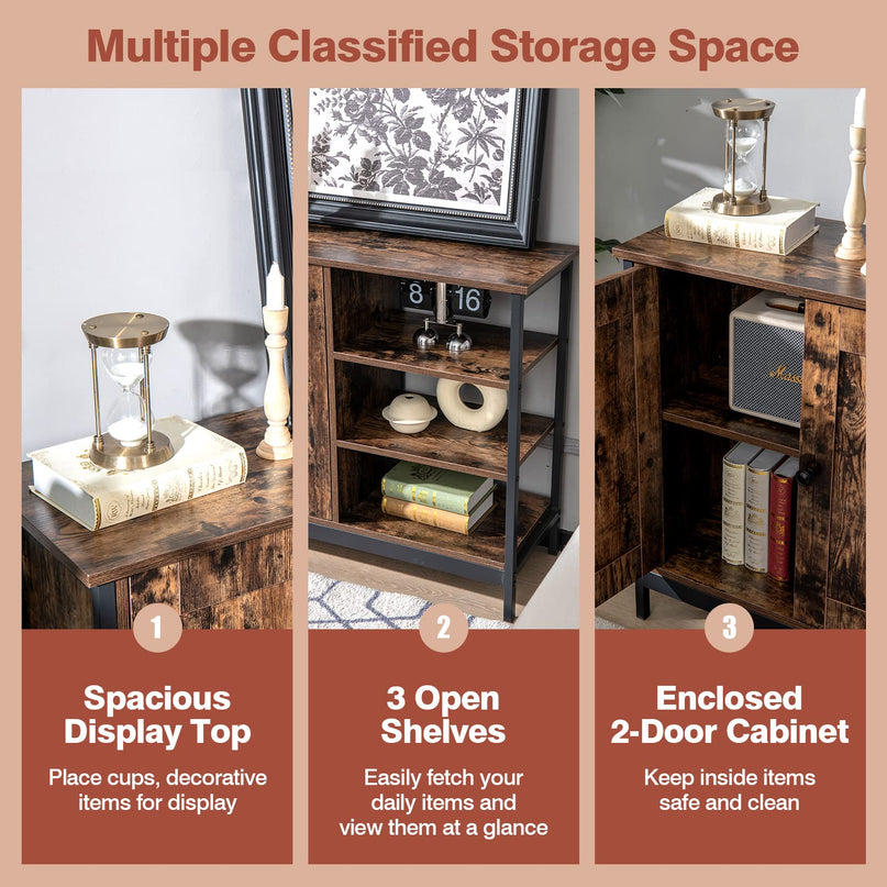Giantex Industrial Kitchen Storage Cabinet w/Open Shelves, 2-Door Cupboard, Adjustable Shelf, Wooden Buffet Sideboard(Rustic Brown)