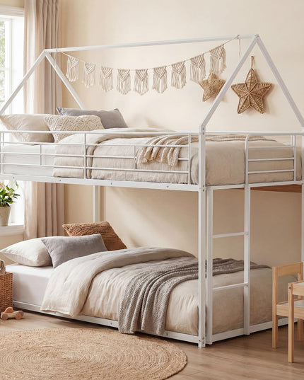 Giantex House-Shaped Twin Over Twin Metal Bunk Bed with Safety Guardrail & Roof