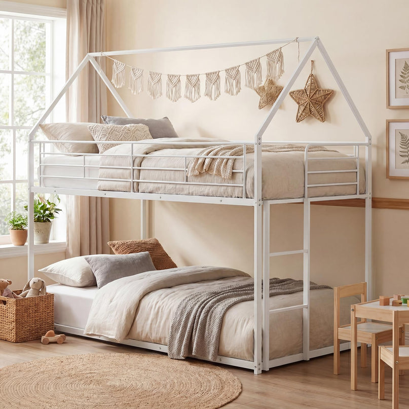 Giantex House-Shaped Twin Over Twin Metal Bunk Bed with Safety Guardrail & Roof