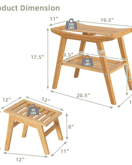 Bamboo Shower Bench with Foot Stool, Shower Seat Bench with Underneath Storage Shelf