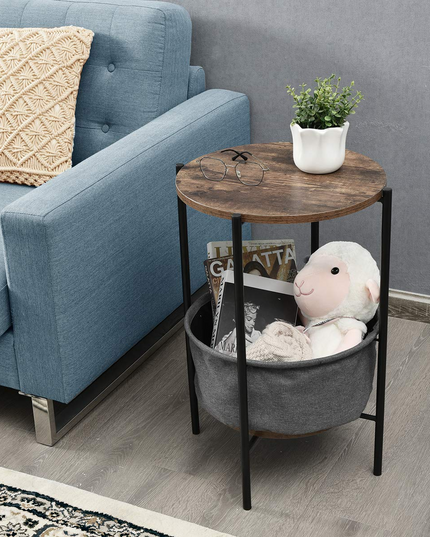 End Table Round Sofa Side Table W/Durable Storage Fabric Basket