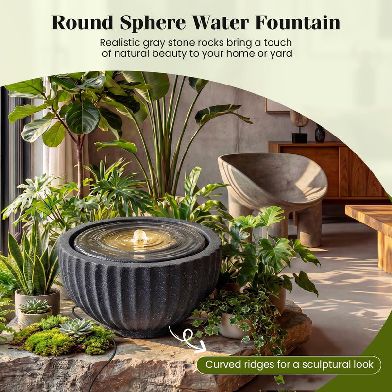 Giantex 18" Round Outdoor Water Fountain with 6 LED Lights for Garden Patio Porch Decor