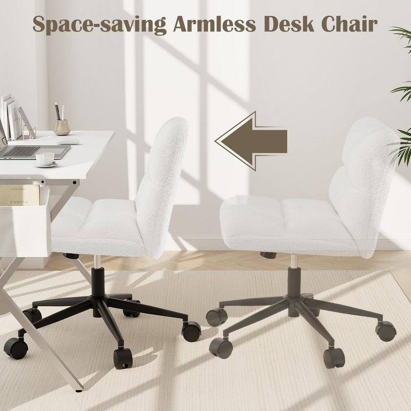 Giantex Criss Cross Chair with Wheels, Faux Fur Cross Legged Office Chair, Armless Wide Desk Chair