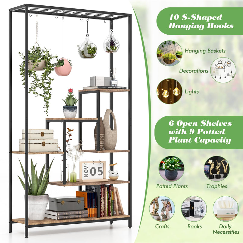 Giantex 71" Tall Plant Stand Indoor, 6-Tier Metal Plant Shelf with 10 Hanging Hooks