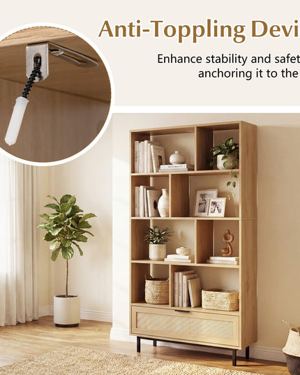 GIANTEX 64" Tall Bookshelf with Rattan Drawer