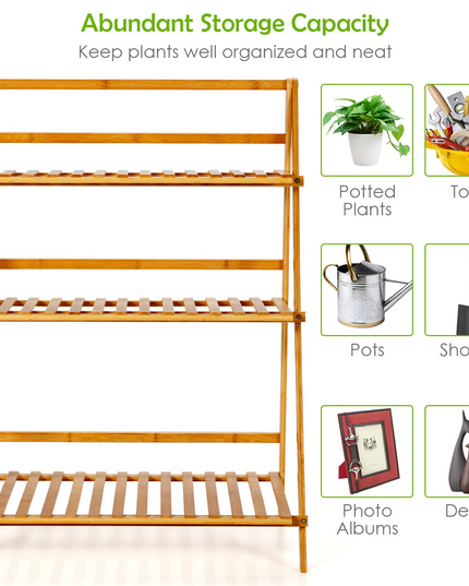 Giantex 3 Tier Folding Storage Shelf, Bamboo Ladder Plant Stand