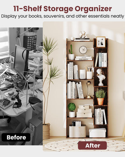Giantex 6-Tier Bookshelf Wooden Bookcase with Staggered Shelves