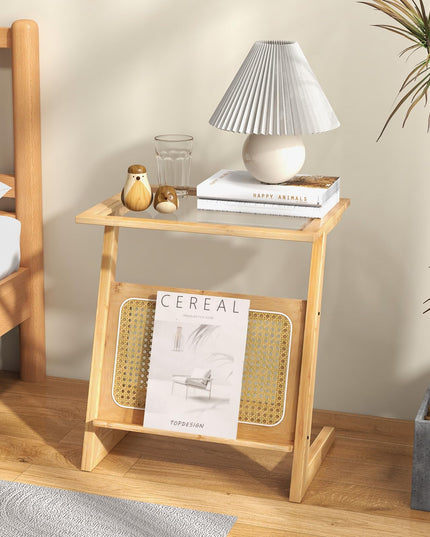 Giantex Rattan Side Table, Boho End Table with Glass Top & Magazine Rack, Z-Shaped Nightstand with Storage
