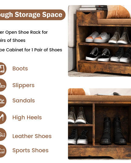Giantex Industrial Shoe Storage Bench - Entryway Shoe Bench with Removable Cushion, Storage Drawer, Rustic Brow