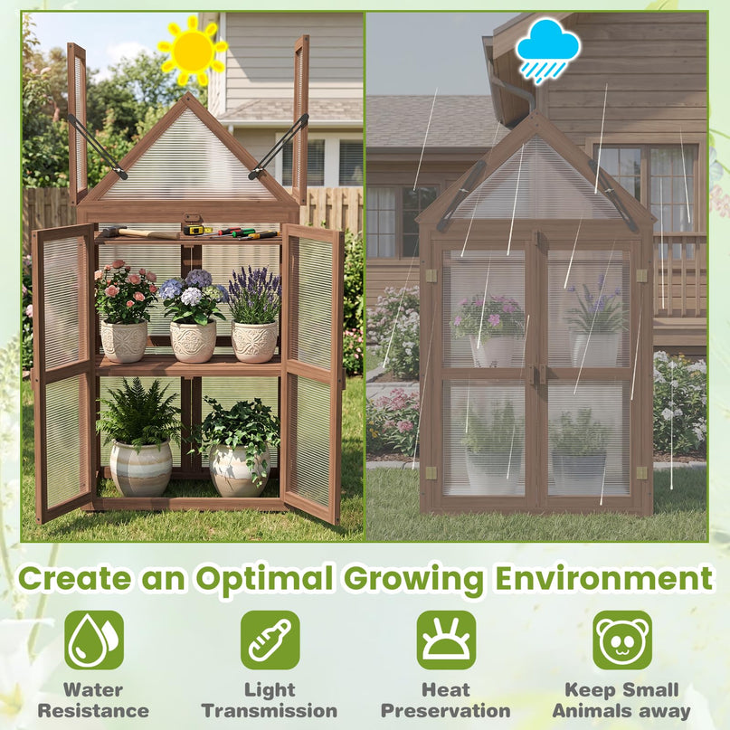 GIANTEX Mini Greenhouse Storage Shelves w/ Transparent Flip-Top Roof for Garden