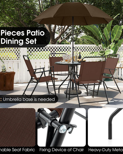 Giantex 6 Pieces Patio Dining Set, Folding Patio Chairs Set of 4, Tempered Glass Umbrella Table with Hole