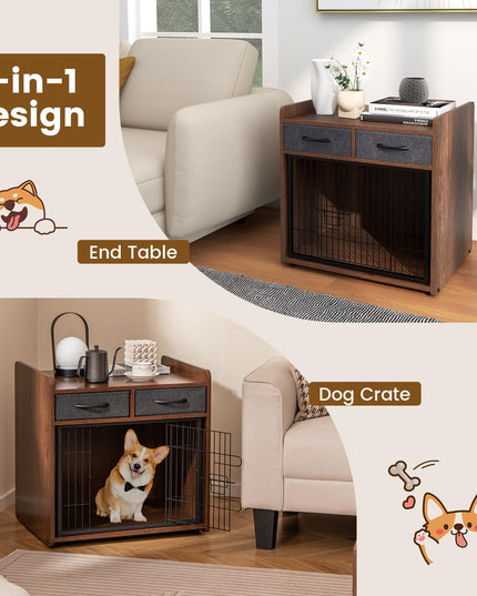 Giantex Dog Crate Furniture - Wooden Dog Cage End Table with 2 Storage Drawers