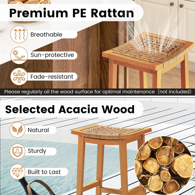 Giantex Outdoor Wooden Bar Stools Set of 2/4 with PE Rattan Saddle Seat & Footrest