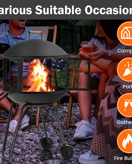 Giantex 28” Portable Fire Pit on Wheels - Mobile Wood Burning Firepit with Log Grate