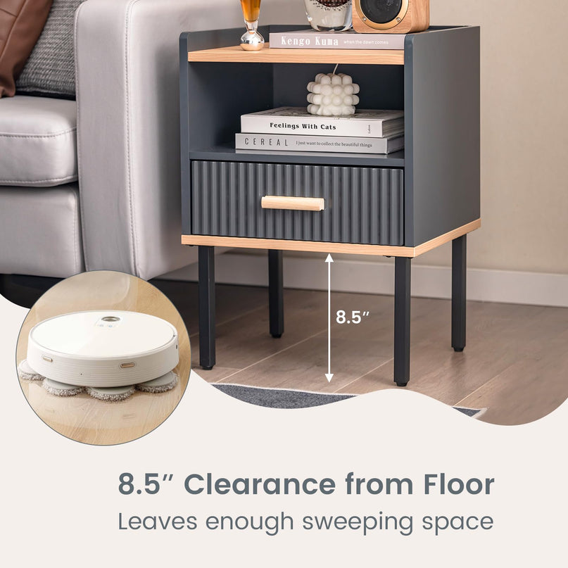 Giantex Modern Nightstand with Drawer - Bedside Table with Open Shelf, Gray