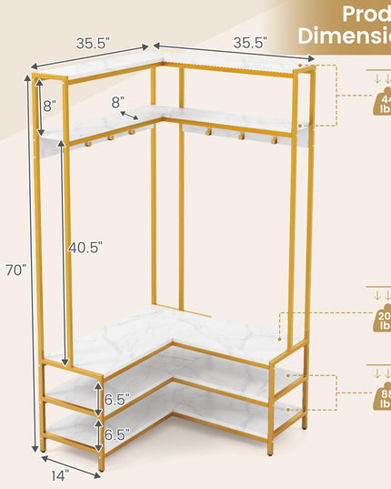 Giantex Corner Coat Rack with Shoe Bench, L-shaped Garment Rack with 5 Shelves & 7 Hooks