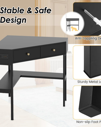 Giantex Corner Desk with Charging Station, 90 Degree Triangle Computer Desk with 2 Drawers & Storage Shelf