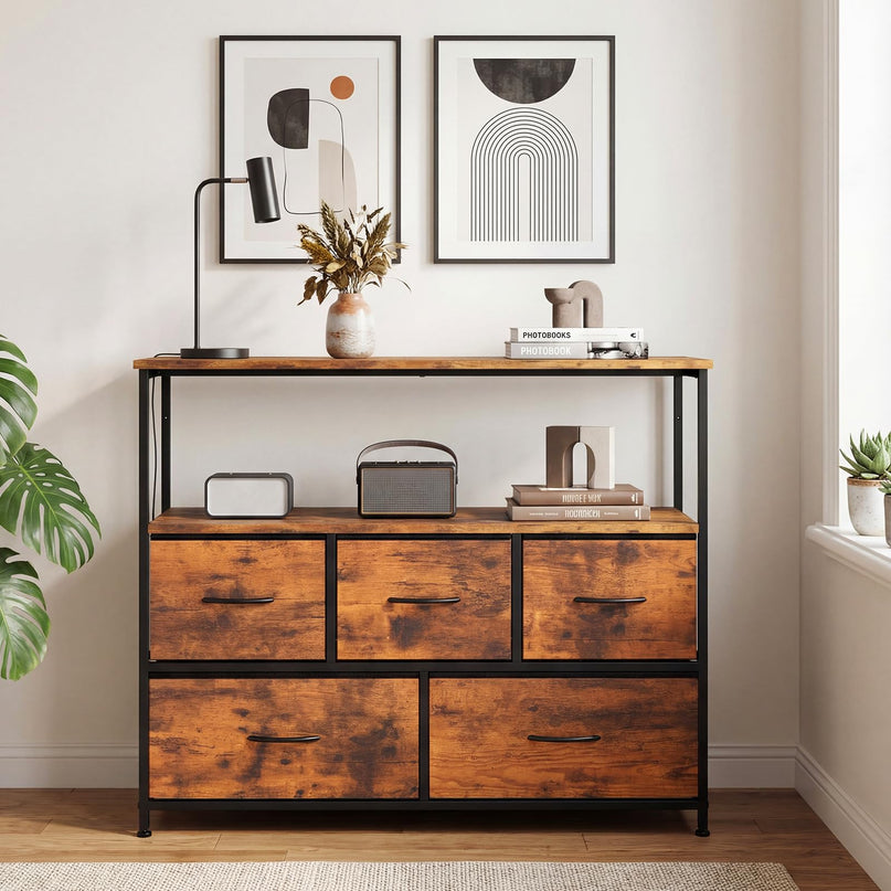 Giantex TV Stand for 45 Inch TV | 5 Fabric Drawer Entertainment Center with Open Shelf