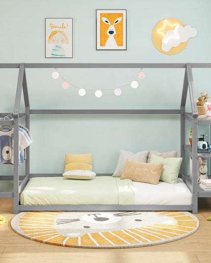Giantex Twin Floor Bed, Wood Montessori Floor Bed with Detachable 3 Tier Storage Bookshelf & Clothes Rack