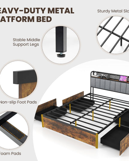 Giantex LED Bed Frame with Charging Station, Metal Platform Bed with Upholstered Headboard & 4 Storage Drawers