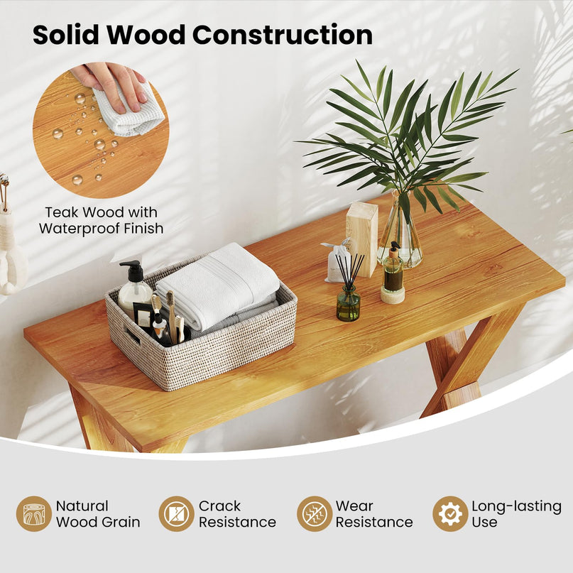 Giantex Solid Teak Wood Console Table with Storage Shelf