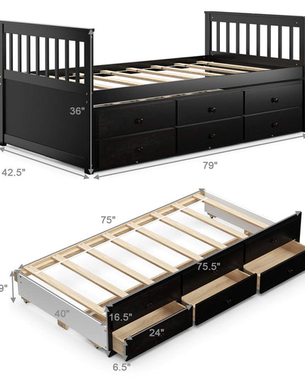 Giantex Twin Captain's Bed with Trundle Bed, Wood Storage Daybed with 3 Storage Drawers
