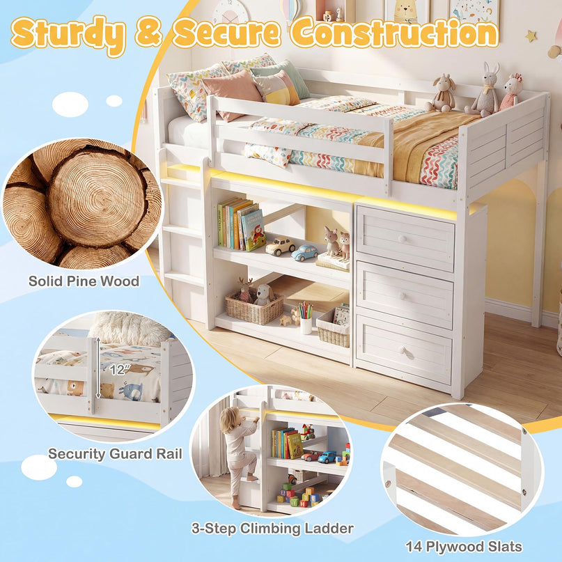 Giantex Loft Bed Twin Size with LED Lights for Boys Girls
