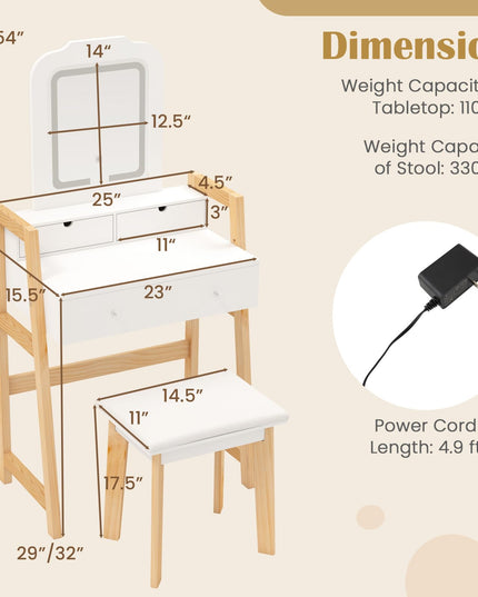 Small Vanity Desk with Mirror and Lights, White Makeup Vanity Desk with 3 Drawers