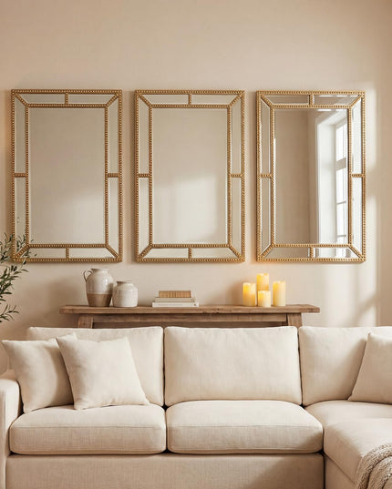 CHARMAID Gold Beaded Wall Mirror | Decorative Vanity Mirrors for Bathroom