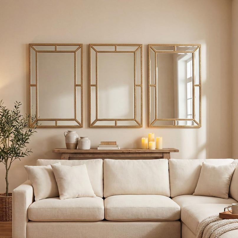 CHARMAID Gold Beaded Wall Mirror | Decorative Vanity Mirrors for Bathroom
