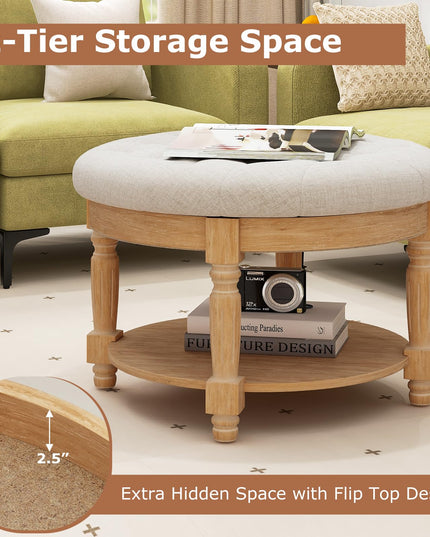 Giantex Large Ottoman Coffee Table - 29 inch Oversized Round Ottoman with Storage Shelf, Flip up Top, Wood Legs