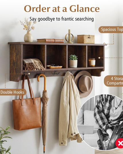 Giantex Wall Mounted Coat Rack 28.5'' Wooden Floating Shelf with 4 Cubbies & 5 Double Hooks