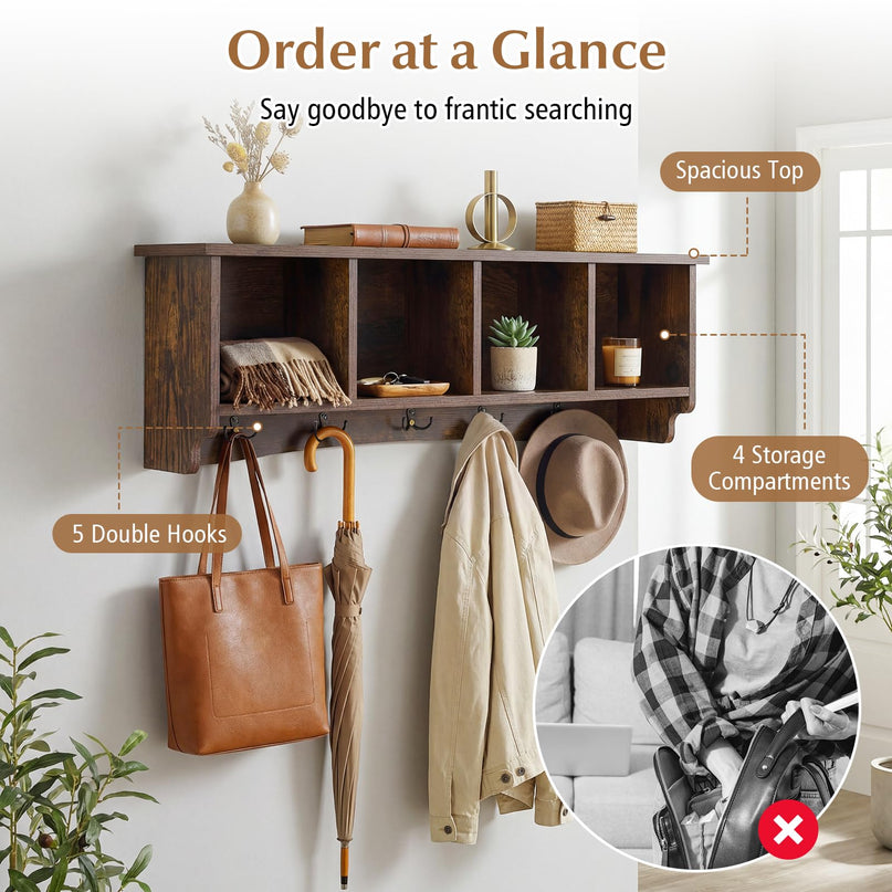 Giantex Wall Mounted Coat Rack 28.5'' Wooden Floating Shelf with 4 Cubbies & 5 Double Hooks