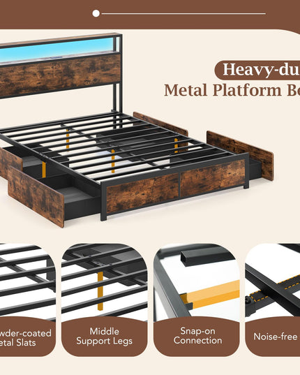Giantex  LED Bed Frame with Charging Station & 4 Storage Drawers