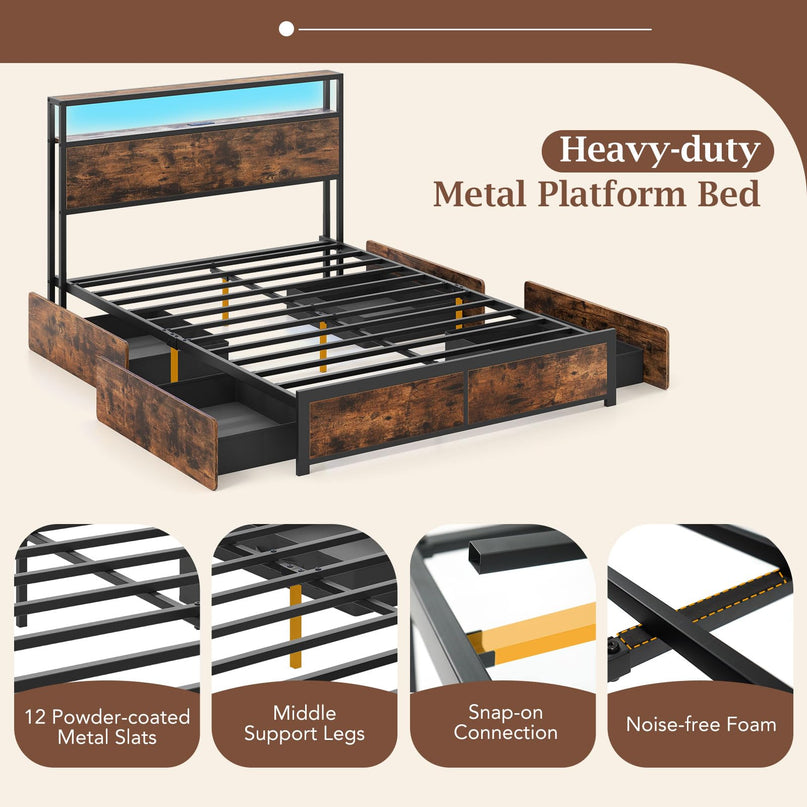 Giantex  LED Bed Frame with Charging Station & 4 Storage Drawers