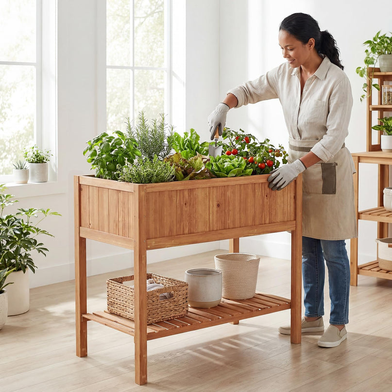 Giantex Raised Garden Bed Wood Planter Box with Plant Stand & Black Liner（40"x20"x39"）