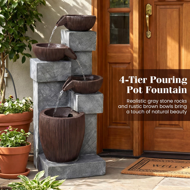Giantex 4-Tier Cascading Bowls Waterfall Fountain with Warm LED Lights & Pump