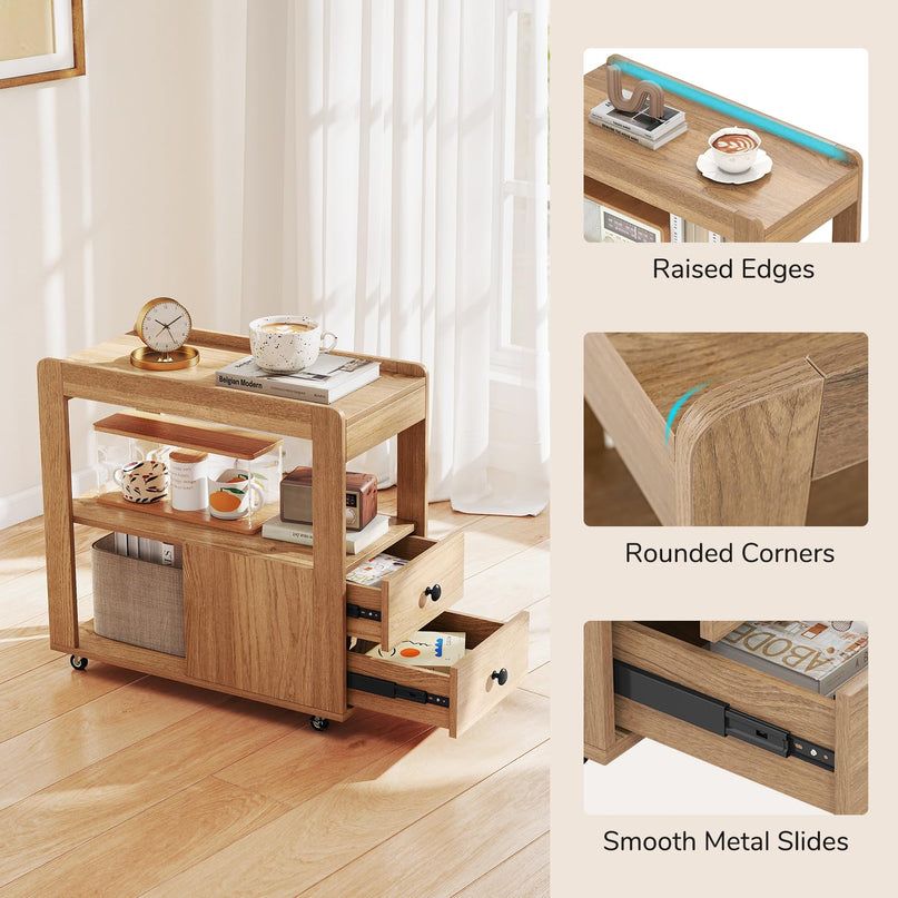 Giantex Rolling Side Table with Storage with Wheels & Open Shelves