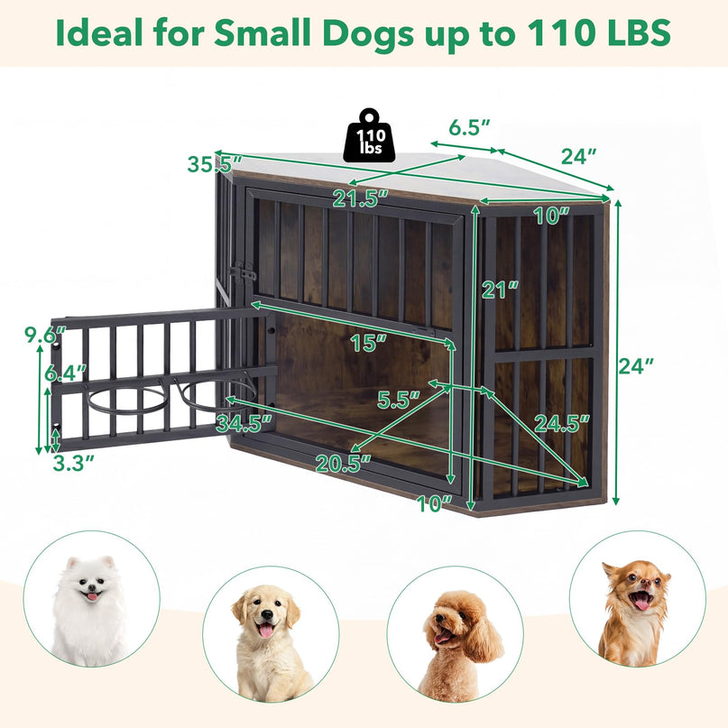 Giantex Wooden Corner Dog Crate Furniture with Adjustable & Reversible Elevated Feeder