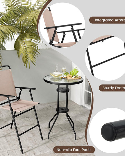 Giantex 3 PCS Outdoor Bistro Set, Patio Bar Table with 2 Folding Chairs