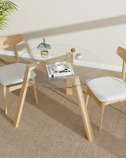 Giantex Round Glass Dining Table for 4 - Small Coffee Table with Rubber Wood Frame