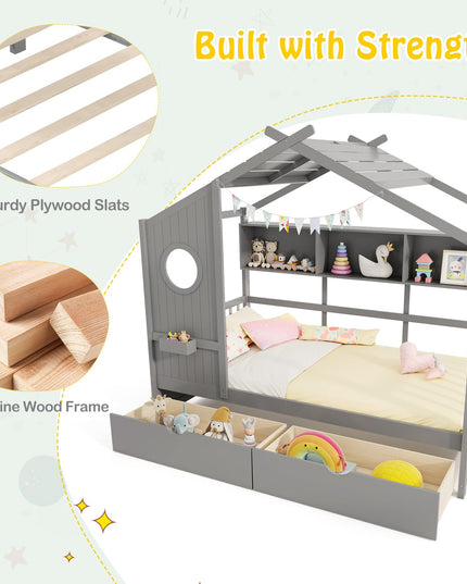 Giantex Twin House Bed with 2 Storage Drawers, Kids Bed Frame with Storage Cubes, Montessori Bed with Fence Guardrails & Roof