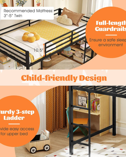 Giantex Heavy Duty Metal Frame Low Loft Bed Twin Size w/Ladder & Full-Length Guardrails