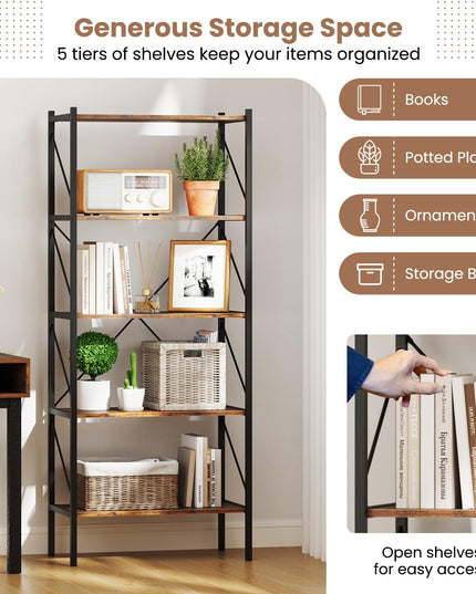 Giantex 5-Tier Bookshelf, Industrial Tall Bookcase with Open Storage Shelves & Heavy Duty Metal Frame