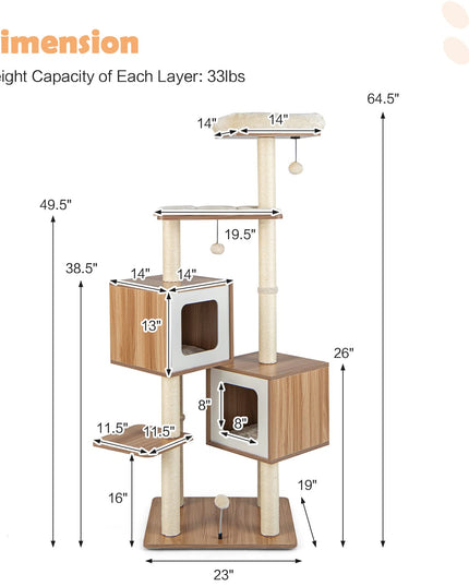 Giantex Multi-Layer Cat Tree, 64.5 inches Cat Tower with Natural Sisal Scratching Posts, 2 Condos, Padded Perch