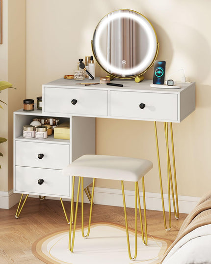 Coiffeuse avec miroir lumineux et station de charge pour chambre de fille