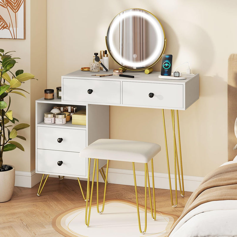 Coiffeuse avec miroir lumineux et station de charge pour chambre de fille
